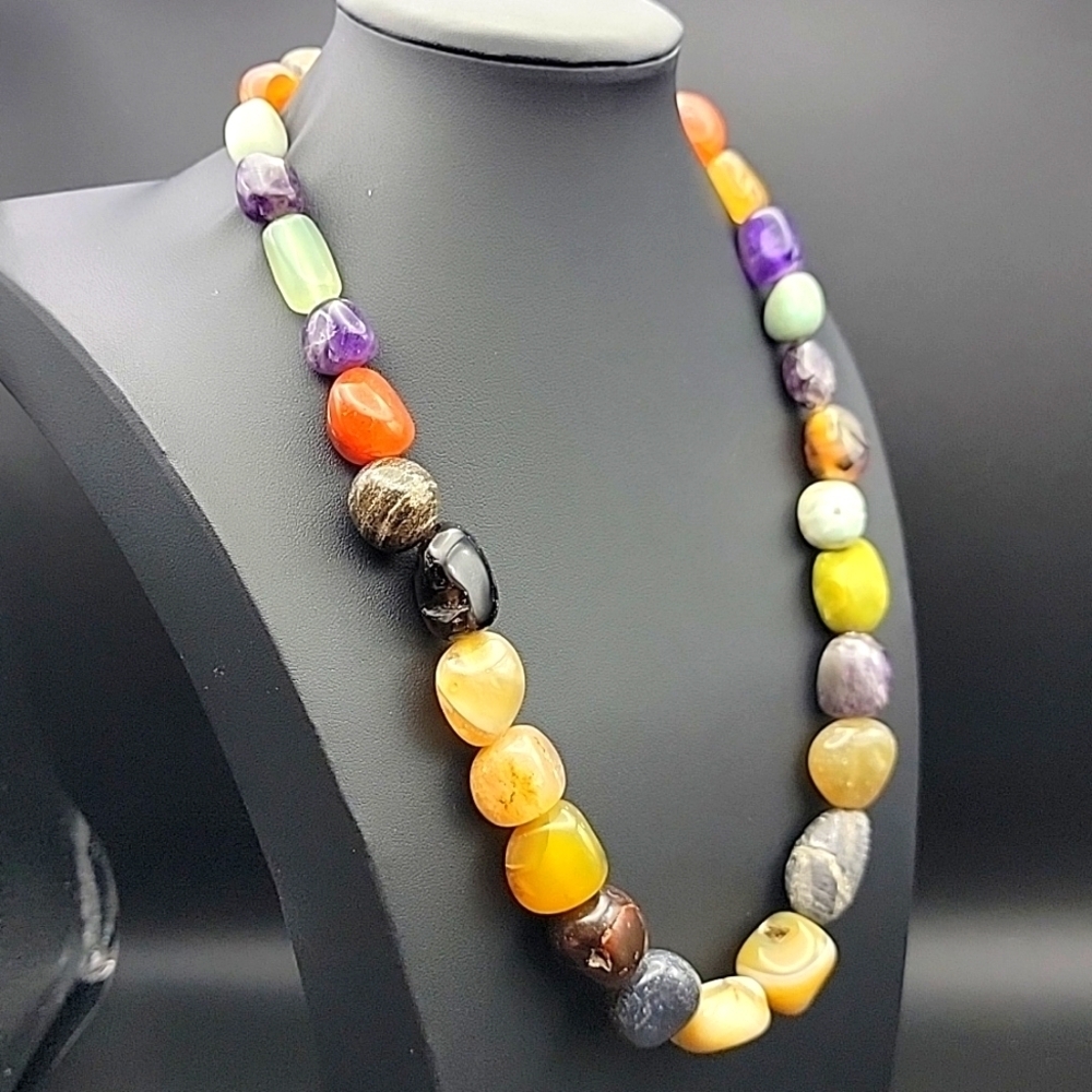 820 Cts Mix Natural Gemstone 20" Necklace Onyx Fluorite Amethyst Carnelian Agate